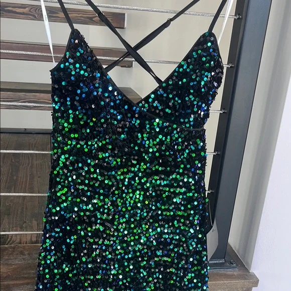 Lulu's Black Dress with Green and Blue Sequins - Picture 4 of 7